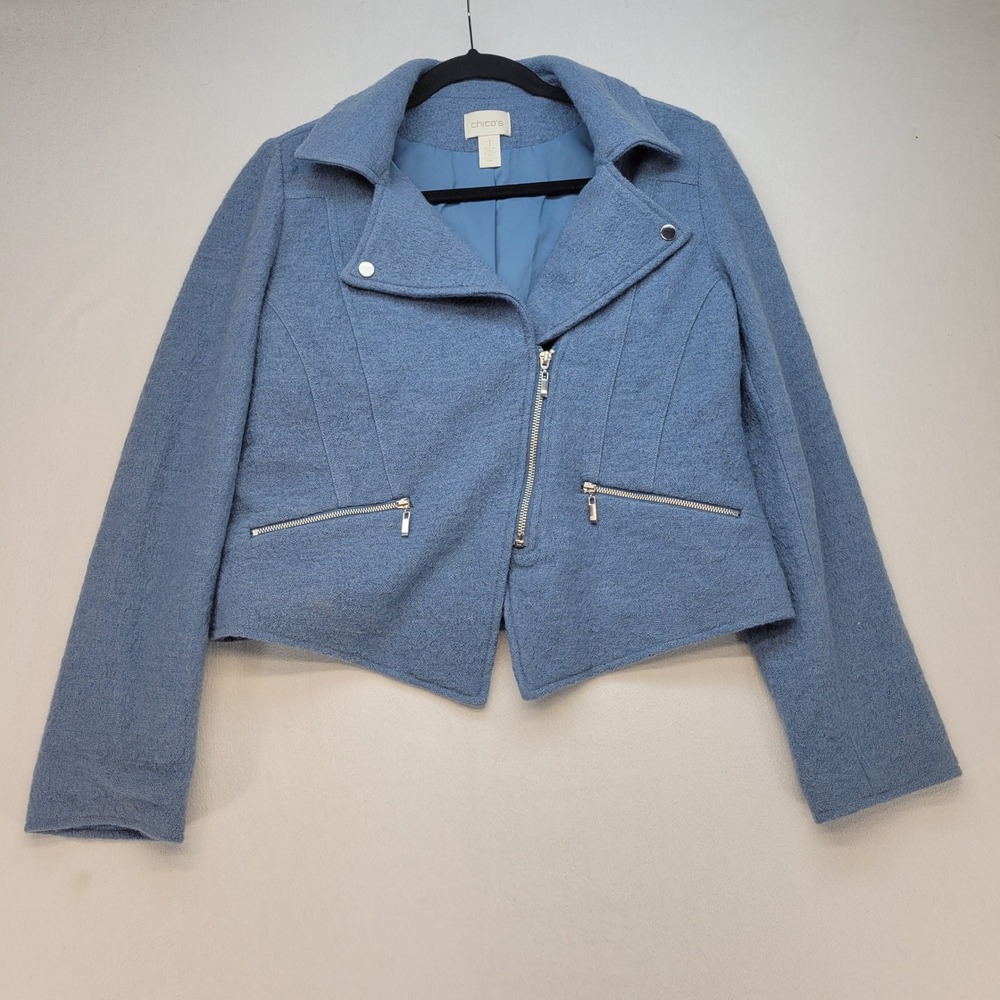 Chico's Moto Jacket Womens 1 Blue Wool Asymmetrical Zip Boiled Wool Coat‎
